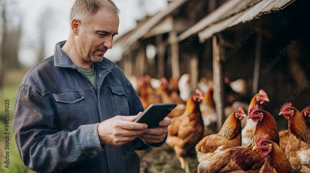 Poster farmer analyzing real-time poultry data on smart farm app showcasing iot for efficient chicken