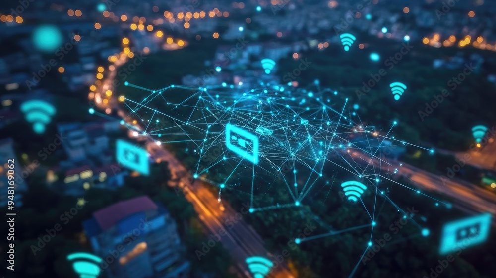 Poster futuristic communication network with 5g technology, showing interconnected devices and fast data tr