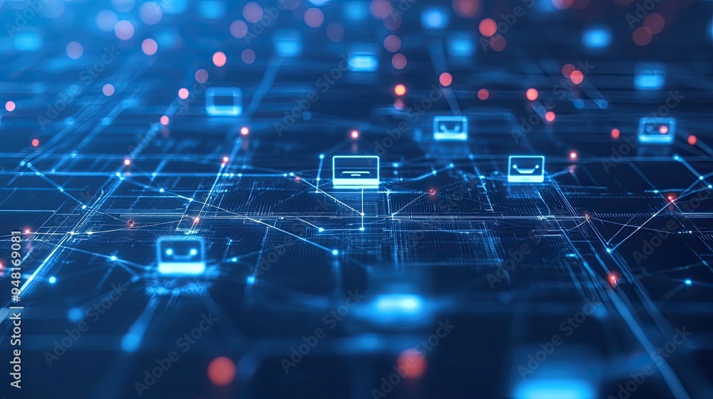 Poster futuristic communication network with 5g technology, showing interconnected devices and fast data tr