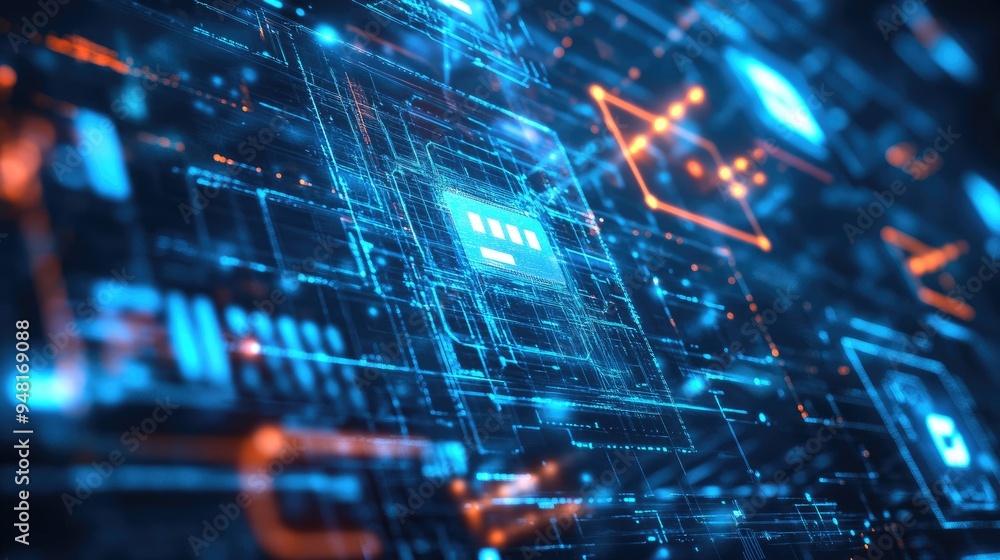 Poster futuristic communication network with 5g technology, showing interconnected devices and fast data tr