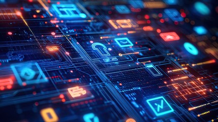 Obraz premium Digital transformation in communication technology with a glowing circuit board and icons representing various forms of digital communication.