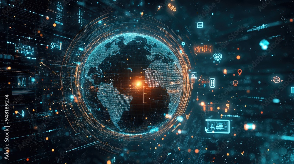 Poster high-tech communication concept with a digital globe, surrounded by floating data points and icons r
