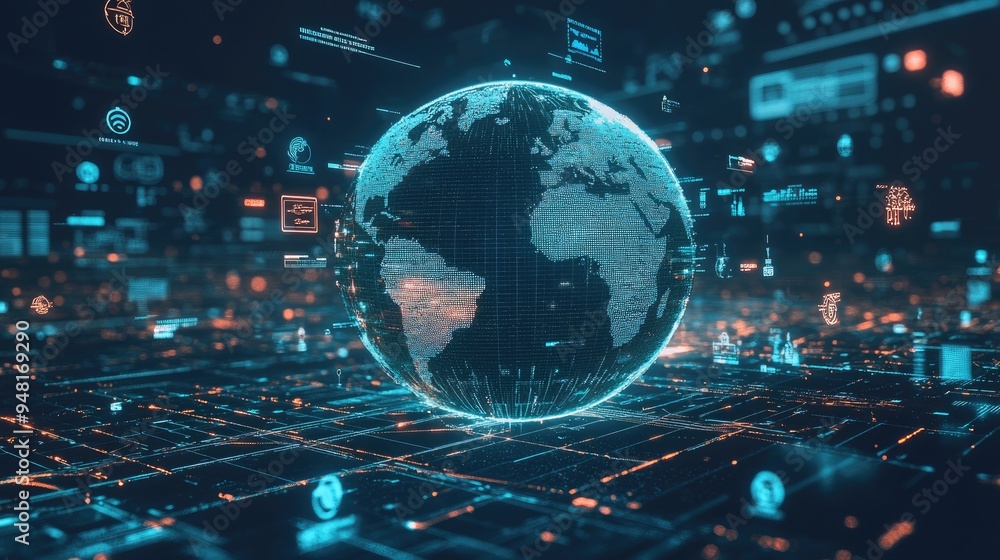 Poster high-tech communication concept with a digital globe, surrounded by floating data points and icons r