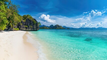 Fototapeta premium Exotic tropical beach on the island of Palawan, Philippines, with white sand and turquoise water. No people, copy space.