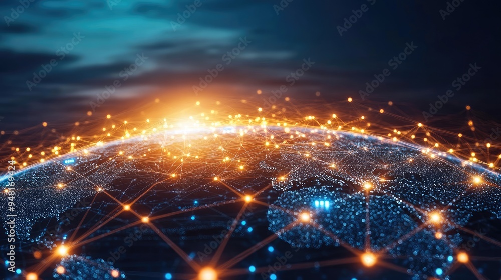 Poster modern communication network concept with glowing global connections and digital devices, symbolizin