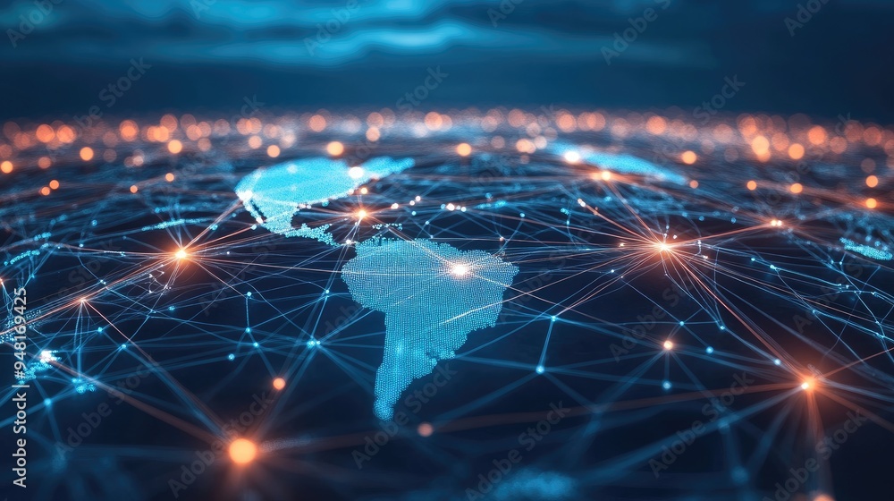 Poster modern communication network concept with glowing global connections and digital devices, symbolizin