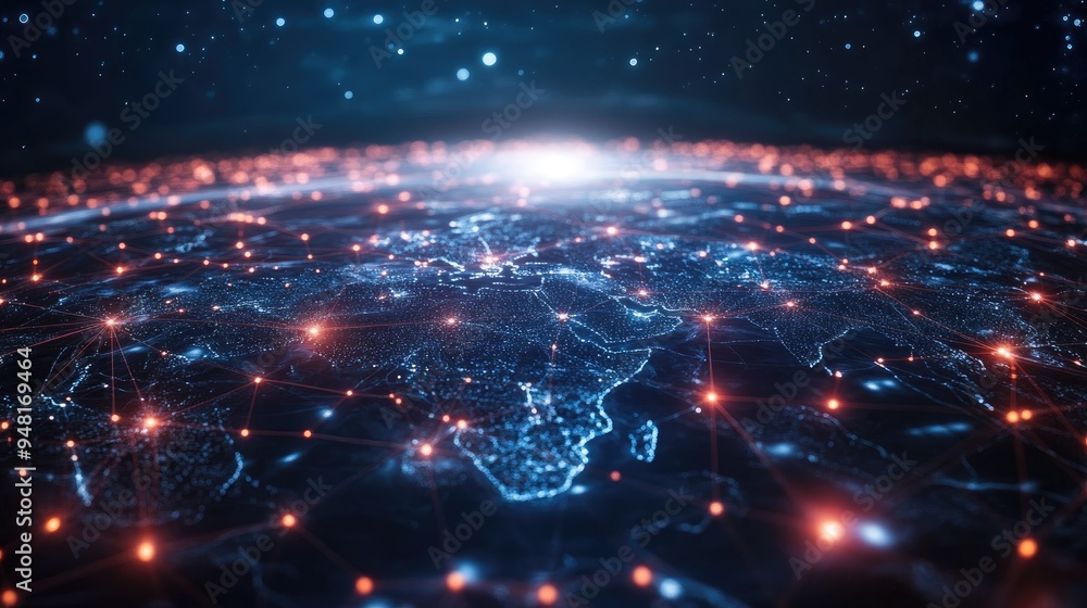 Poster modern communication network concept with glowing global connections and digital devices, symbolizin