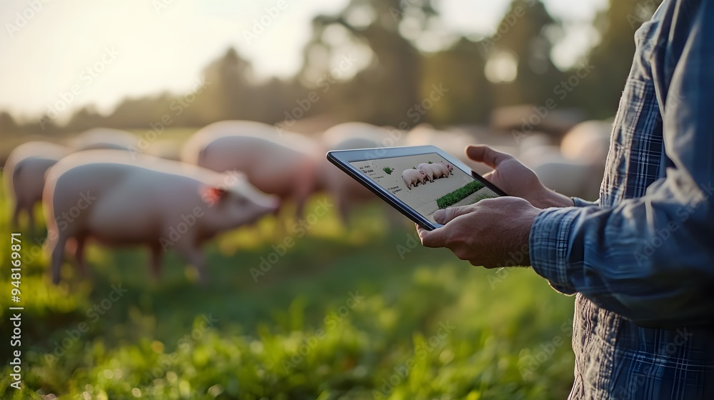 Aufkleber farmer utilizing tablet to monitor pig growth and feed efficiency in digital management