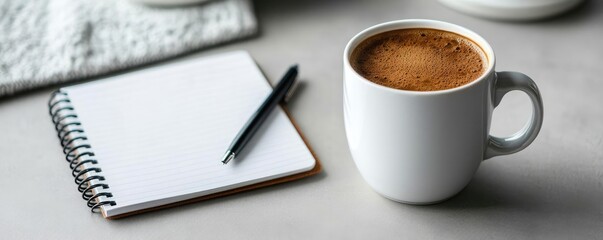 Warm mug of coffee on a minimalist desk, with a notebook and pen ready for focused morning planning