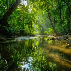 Obraz premium Beautiful running creek and there is sunlight affects the green leaves resulting in a beautiful reflection of the water. 
