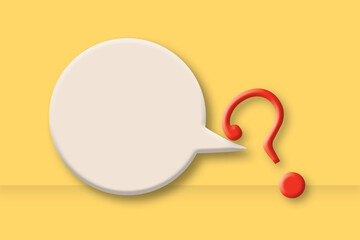 Speech bubble with red question mark on yellow wall background, question mark or problem concept, copy space for the text, illustration of 3d paper cut, minimal design style.