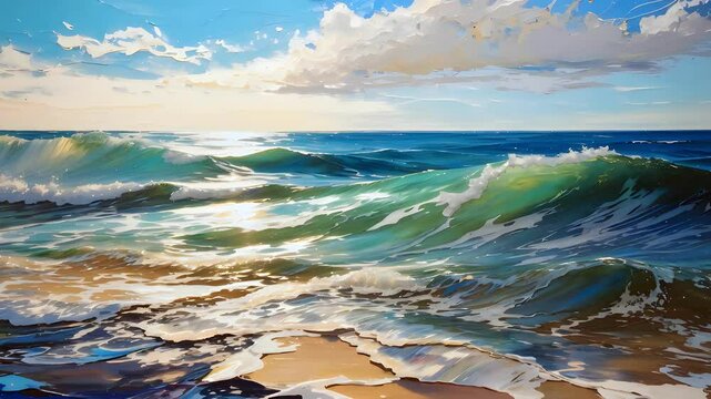 Loop parallax animation impressionist oil painting sketch of abstract seascape with close up azure sea waves at sunny day. Animated expressive artwork in palette knife art style with thick smears.