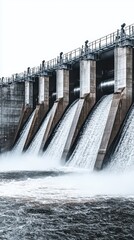 Water rushes through massive spillways of a hydropower station, generating energy while managing river flow during peak discharge