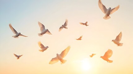 Flock of Birds Silhouetted Against Serene Sunset Sky