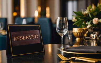 Small gold and black reserved card text sign on a dinner setting on a table in luxury restaurant interior. Fine exclusive dining elegant space reservation, private banquet decoration