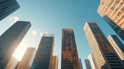 Fototapeta premium Glass tower with reflections in a bustling city skyline.