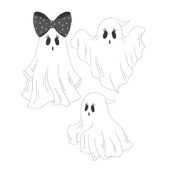 Cute ghost vector clip-art set isolated on white. Coquette Halloween illustration.