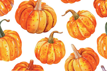 Watercolor background of autumn orange pumpkins png. Pattern of orange pumpkins on a transparent background. Template for face designs. Vector illustration.