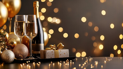 Elegant celebration setup featuring champagne glasses, sparkling ornaments, gift box, and festive decorations in warm lighting