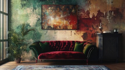 Luxurious wallpaper with a velvet texture and deep, rich colors, adding an opulent feel to a bedroom or lounge.
