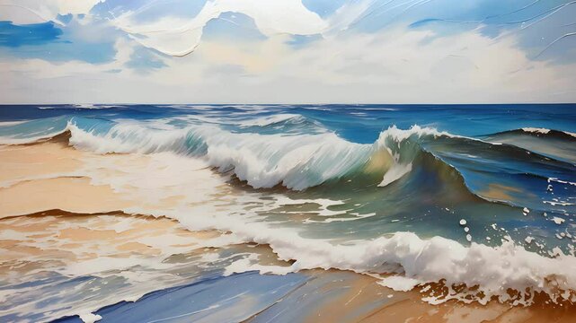 Parallax animation of vibrant impressionist oil painting sketch abstract seascape with azure sea waves rolling on beach. Animated expressive palette knife art with thick smears and paint splashes.