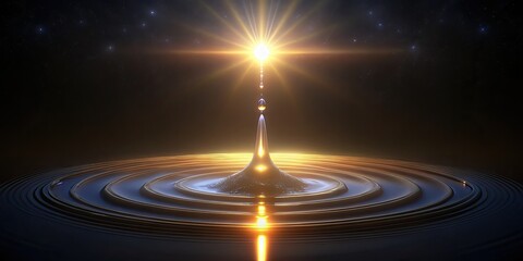 Golden droplet creates ripples on a reflective surface.