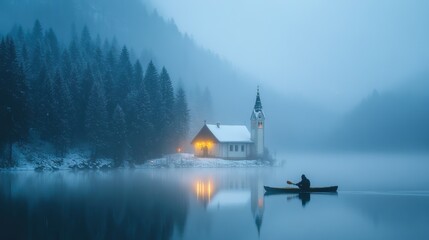 Fototapeta premium A person kayaking in lake water in winter with snow woods and church