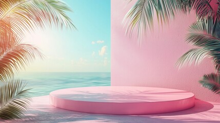 Fototapeta premium Pink colored podium on a beach background 