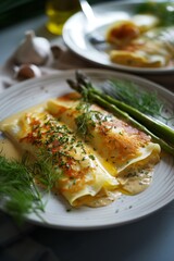 Savory vegetable crepes with creamy sauce and fresh herbs served on a plate with asparagus in a cozy kitchen setting