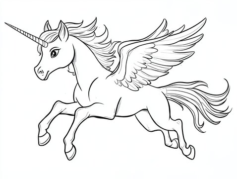 A black and white line drawing of a mythical winged unicorn with a horn and flowing mane and tail, running in mid-air.