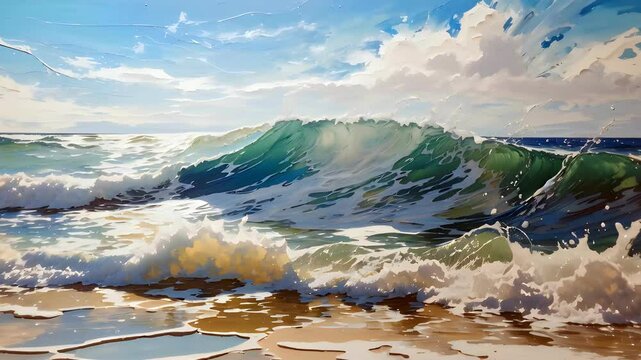 Parallax animation of expressive oil painting sketch abstract seascape with azure sea waves and sandy beach. Animated impressionist palette knife art with thick brushstrokes and paint splashes.
