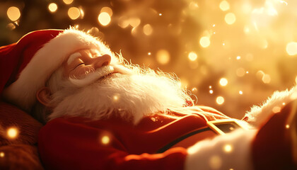 Festive image of Santa Claus resting, surrounded by golden light and bokeh, capturing a peaceful holiday moment of reflection and joy.