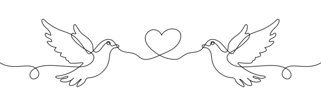 Two dove with love heart line art vector illustration