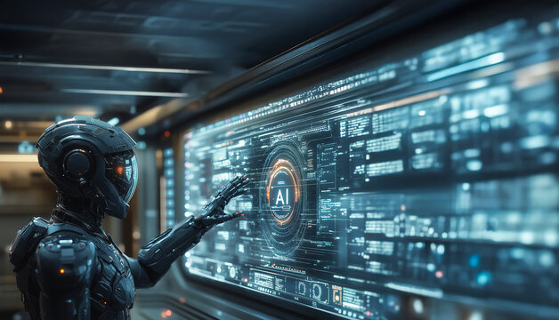 Fibonacci sequence and beauty portrayed in a sophisticated robot interacting with a bright "AI" hologram