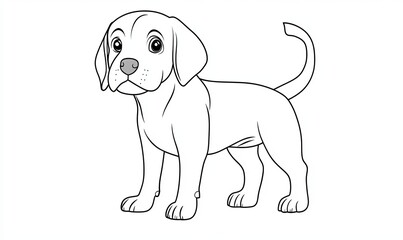 A simple line drawing of a beagle puppy with big, cartoon-like eyes standing upright, looking to the side with its tail curled.