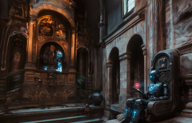 Obraz premium Gothic illuminated anthropomorphic illustration of a humanoid robot seated on a gothic-style throne, projecting a glowing 