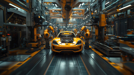 In a bustling automotive factory, two workers in protective gear are seen operating advanced robotic machinery as they assemble a car frame