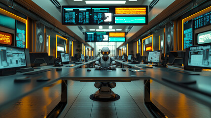 In a minimalist office environment, a humanoid robot sits quietly at a desk, surrounded by vacant workstations
