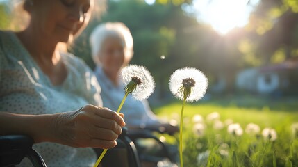 Fototapeta premium Caring Moments Shared in Nature Senior Woman and Caregiver Enjoying Dandelions