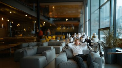 In a minimalist office environment, a young professional in a relaxed pose is flanked by two robotic figures in formal attire, each robot with distinct mechanical features and expressions