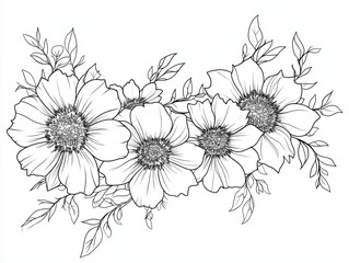 A black and white line drawing of a cluster of five flowers with stems and leaves.