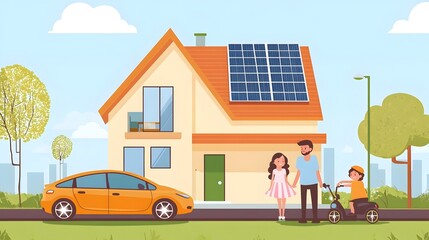 Fototapeta premium Cheerful Family Posing in Front of Their Eco Friendly Solar Powered Home with Electric Car