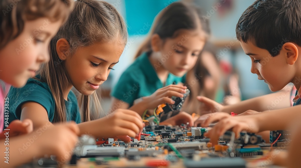 Poster children collaborate on robotics project in after school club learning electronics and teamwork