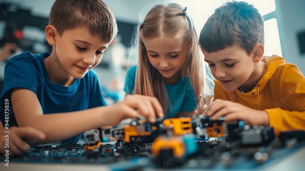 Poster children learning robotics in after school coding and engineering club