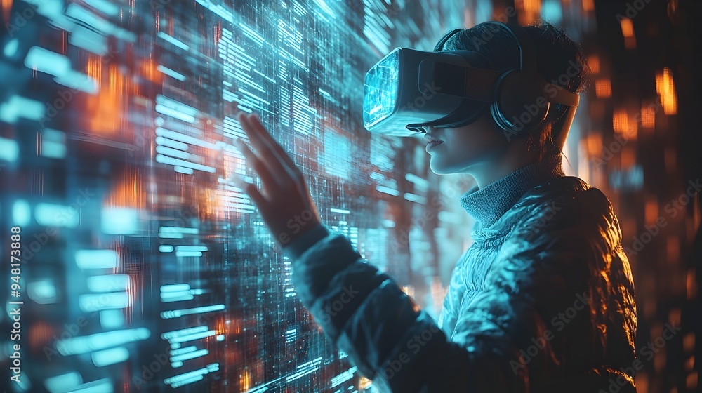 Poster vr user interacting with 3d website model for futuristic digital experience