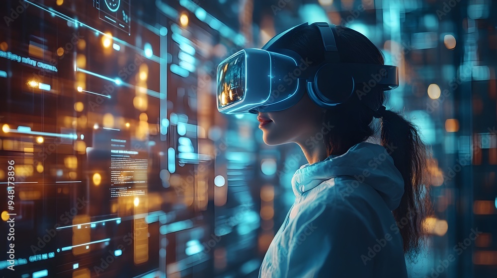 Poster virtual reality user interacting with 3d website model for futuristic web design and development