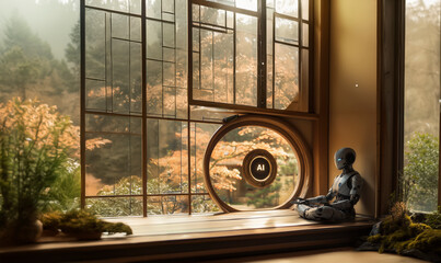 Japanese style representation of a high-tech robot, seated in a poised manner, extending its hand to project a glowing "AI" symbol