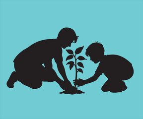 Obraz premium Silhouette of Father and Son Planting