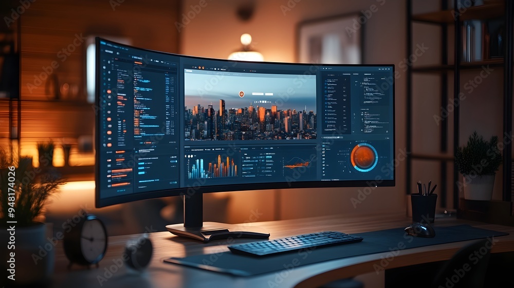 Poster sleek website design on curved monitor with cutting edge ui elements