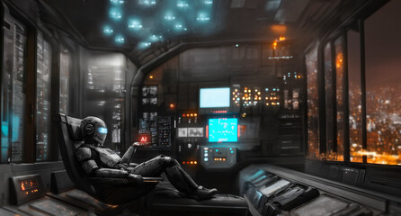 Rough charcoal sketch of a humanoid robot reclining in a chair, projecting a glowing "AI" icon from its hand